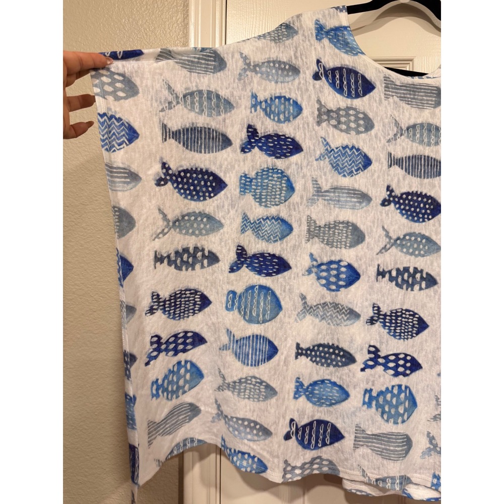 #B13 ET LOIS Tank Top and Kimono shawl Set Medium White Blue Fish Print 2pc - Picture 10 of 11